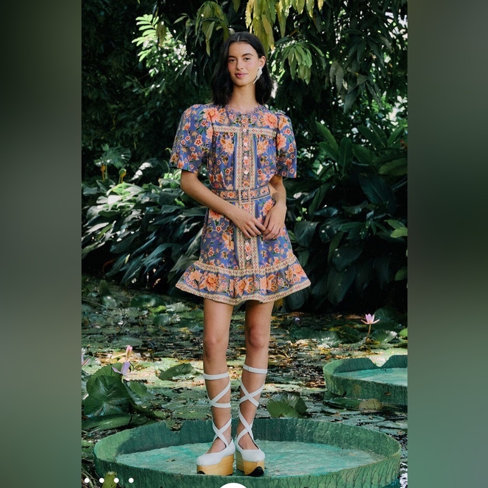NWT FARM Rio Blue Superbloom Tapestry Organic Cotton Mini Dress,‎ Size L
